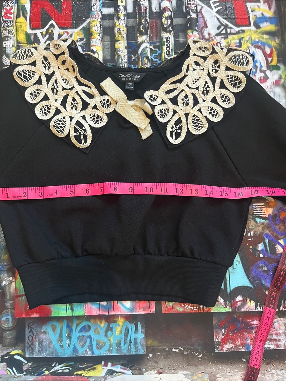 Miss Selfridge Adorable Black Cropped Sweatshirt with Cream Lace Collar - Picture 6 of 11